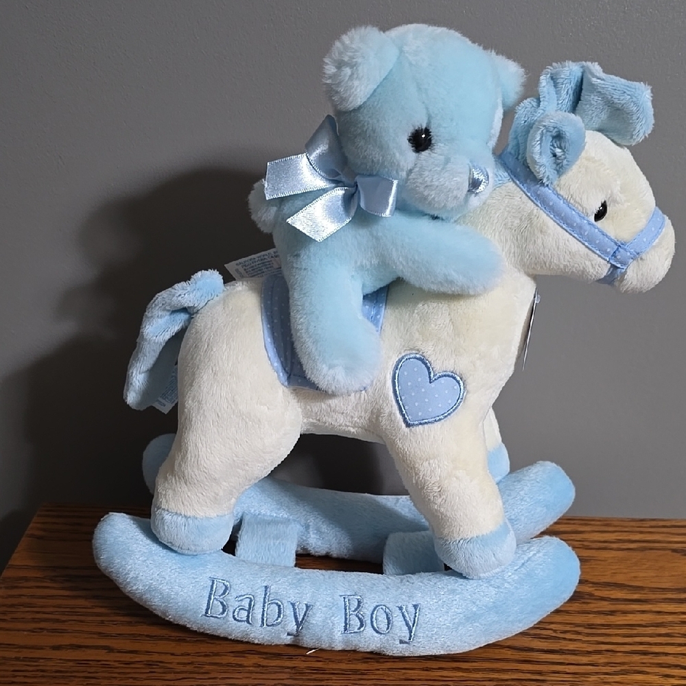 Blue and White Stuffed Rocking Horse with Teddy Bear